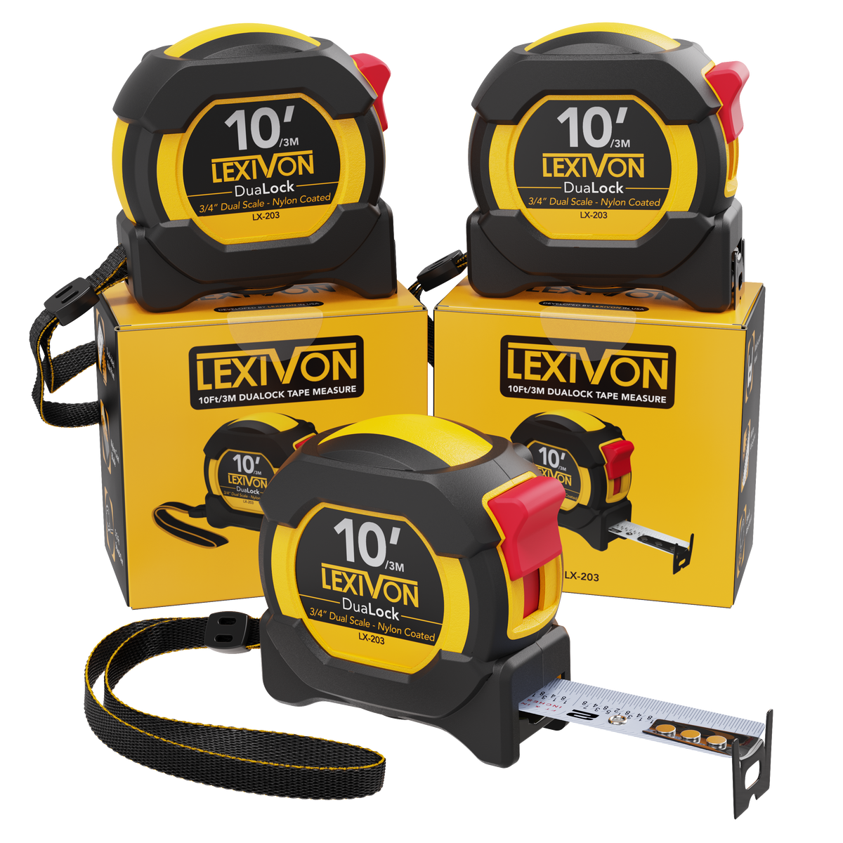 LX-203 [3-Pack] 10Ft/3m DuaLock Tape Measure, image 1