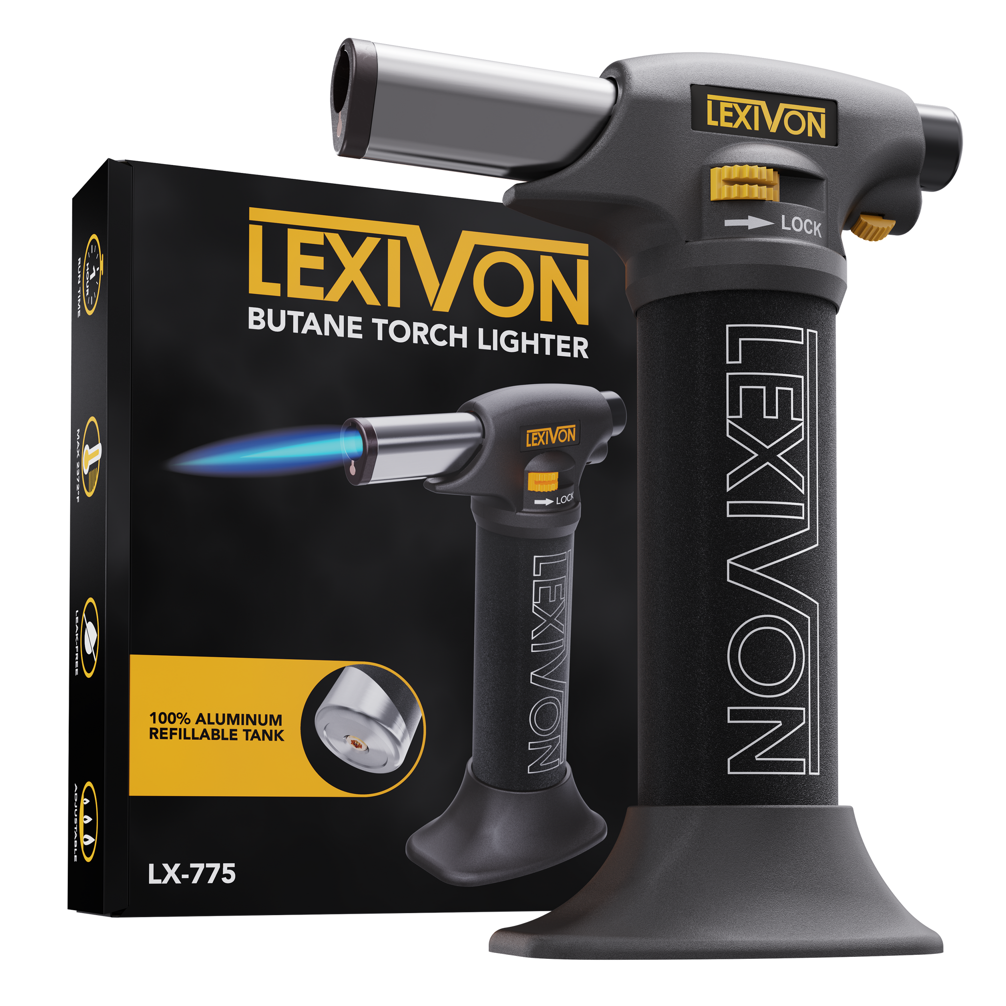 LEXIVON Butane Torch Lighter, Refillable Kitchen Cooking Torch | Self-Igniting with Safety Lock and Adjustable Flame | Pro-Grade Aluminum Tank (LX-775)