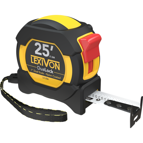 25Ft/7.5m DuaLock Tape Measure | 1-Inch Wide Blade With Nylon Coating, Matte Finish White & Yellow Dual Sided Rule Print | Ft/Inch/Fractions/Metric (LX-206)