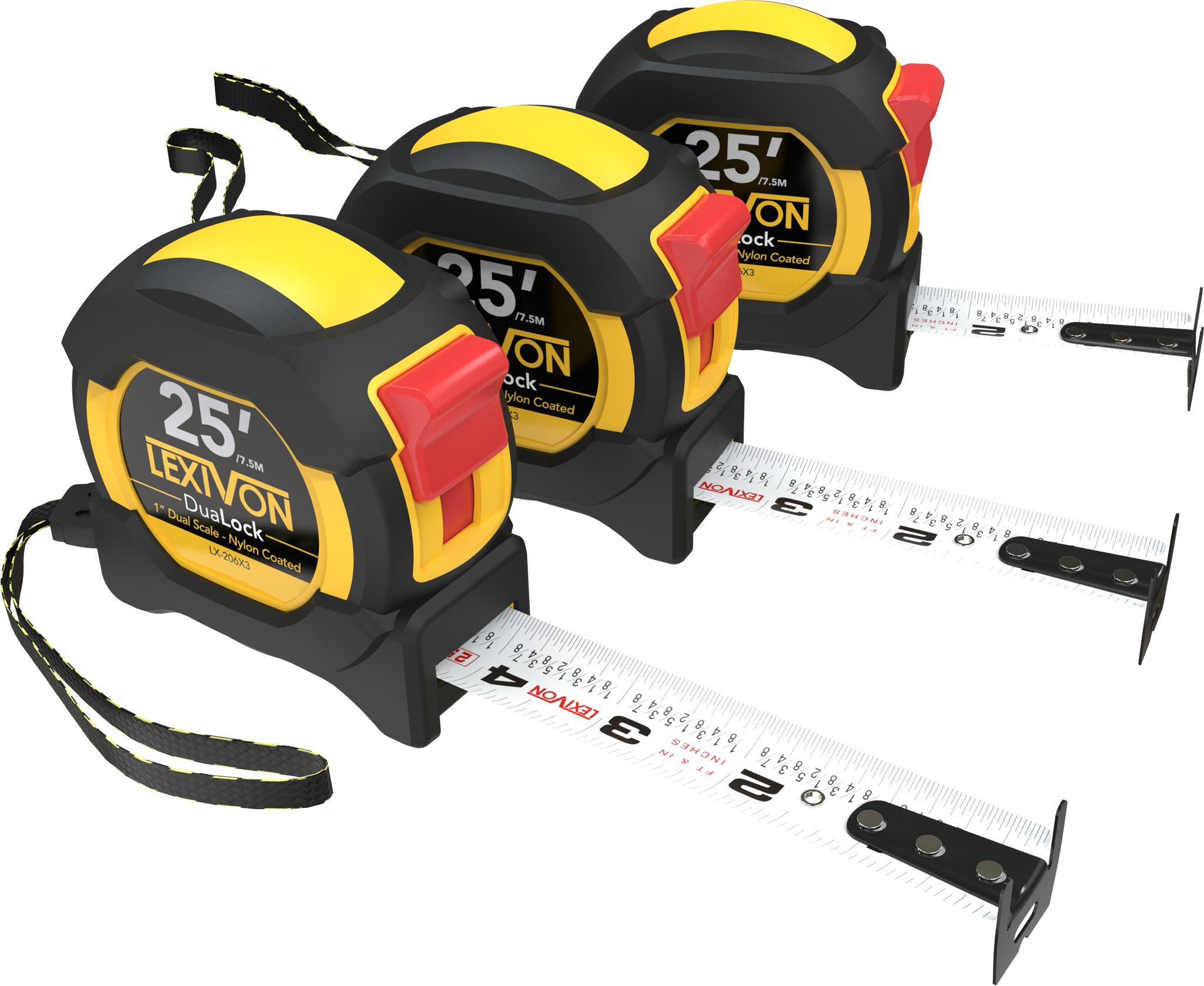 LEXIVON [3-Pack] 25Ft/7.5m DuaLock Tape Measure