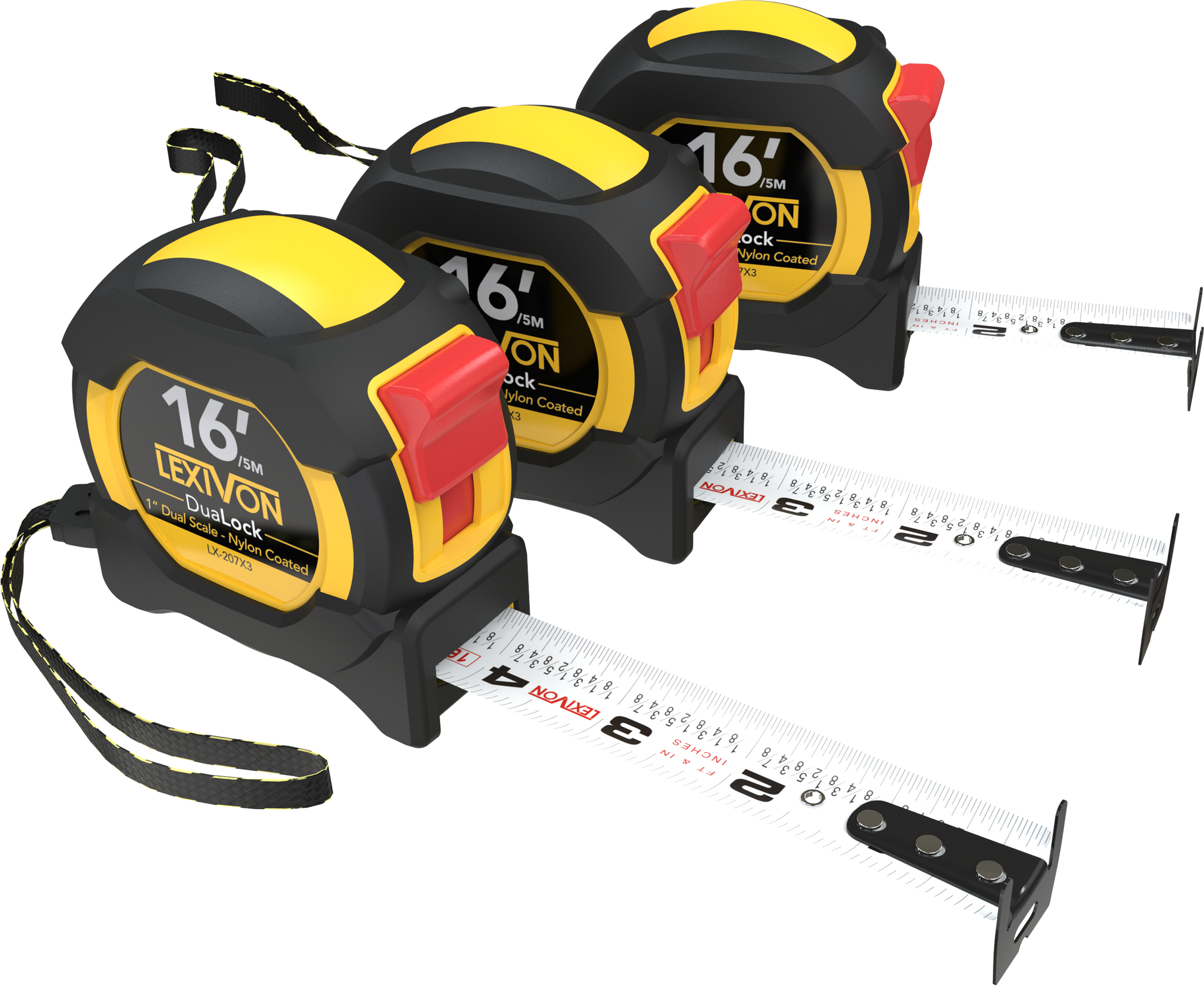 LEXIVON [3-Pack] 16Ft/5m DuaLock Tape Measure | 1-Inch Wide Blade With Nylon Coating, Matte Finish White & Yellow Dual Sided Rule Print | Ft/Inch/Fractions/Metric (LX-207X3)