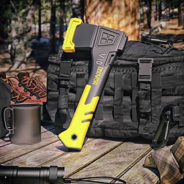 LEXIVON V10 Camping Hatchet, 10-Inch Axe | Ergonomic TPR Grip, Lightweight Fiber-glass Composite Handle | Protective Carrying Sheath Included (LX-V10)