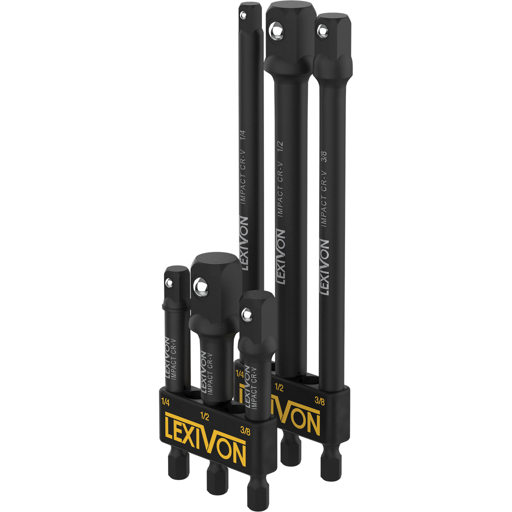 6-Piece Impact Grade Socket Adapter Set - 3" & 6" Extension Bit With Holder | 1/4", 3/8", and 1/2" Drive, Adapt Your Power Drill To High Torque Impact Wrench (LX-105)