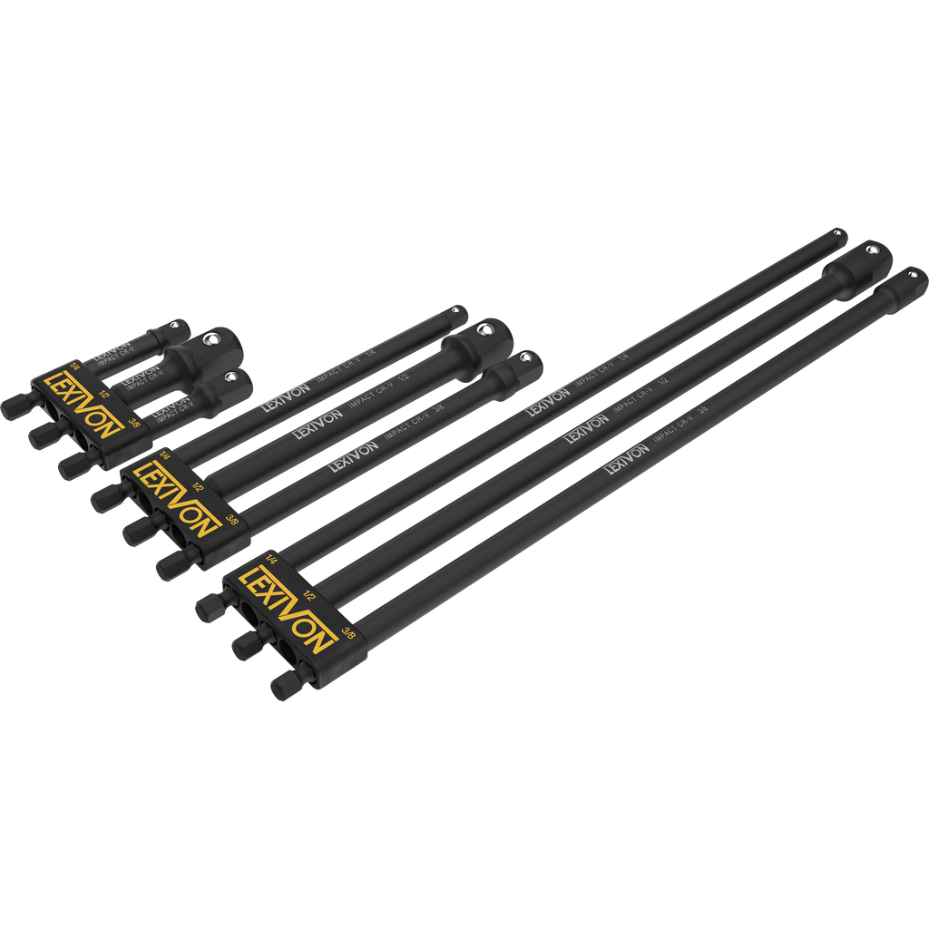 9-Piece Impact Grade Socket Adapter Set - 3", 6", and 12" Extension Bit With Holder | 1/4", 3/8", and 1/2" Drive, Adapt Your Power Drill To High Torque Impact Wrench (LX-106)