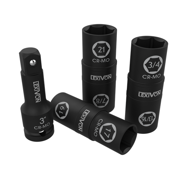 1/2-Inch Impact Socket Set, 6 Total Lug Nut Sizes | Innovative Flip Socket Design, Covers Most Commonly Used Inch & Metric Wheel Nuts | Cr-Mo Steel, Full Impact Grade (LX-111)