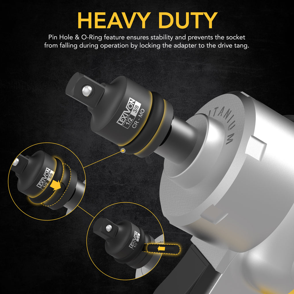 Impact Socket Adapter and Reducer 4-Piece Set | 1/4" - 3/8" - 1/2" Impact Driver Conversions, Chrome Molybdenum alloy steel (LX-112)