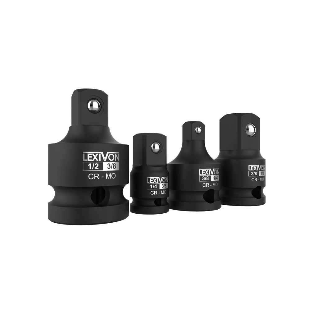 Impact Socket Adapter and Reducer 4-Piece Set | 1/4" - 3/8" - 1/2" Impact Driver Conversions, Chrome Molybdenum alloy steel (LX-112)