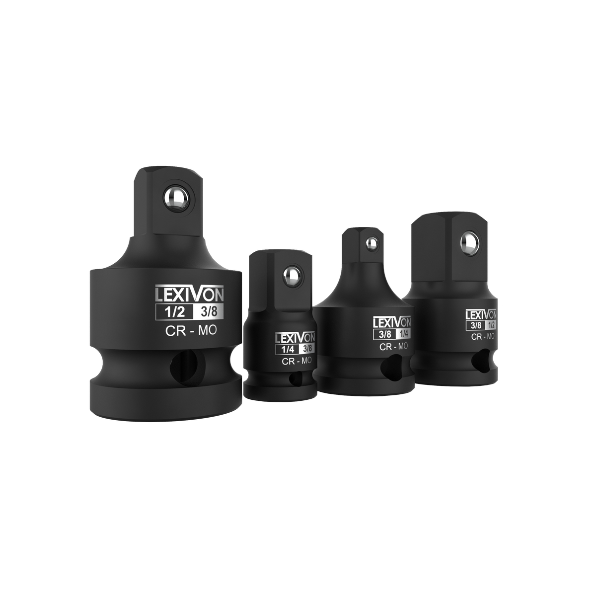 Impact Socket Adapter and Reducer 4-Piece Set | 1/4" - 3/8" - 1/2" Impact Driver Conversions, Chrome Molybdenum alloy steel (LX-112)