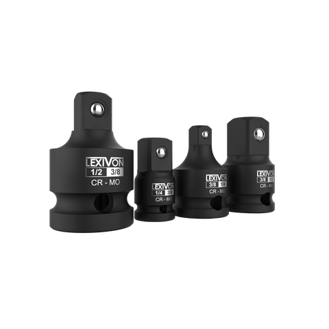Impact Socket Adapter and Reducer 4-Piece Set | 1/4" - 3/8" - 1/2" Impact Driver Conversions, Chrome Molybdenum alloy steel (LX-112)