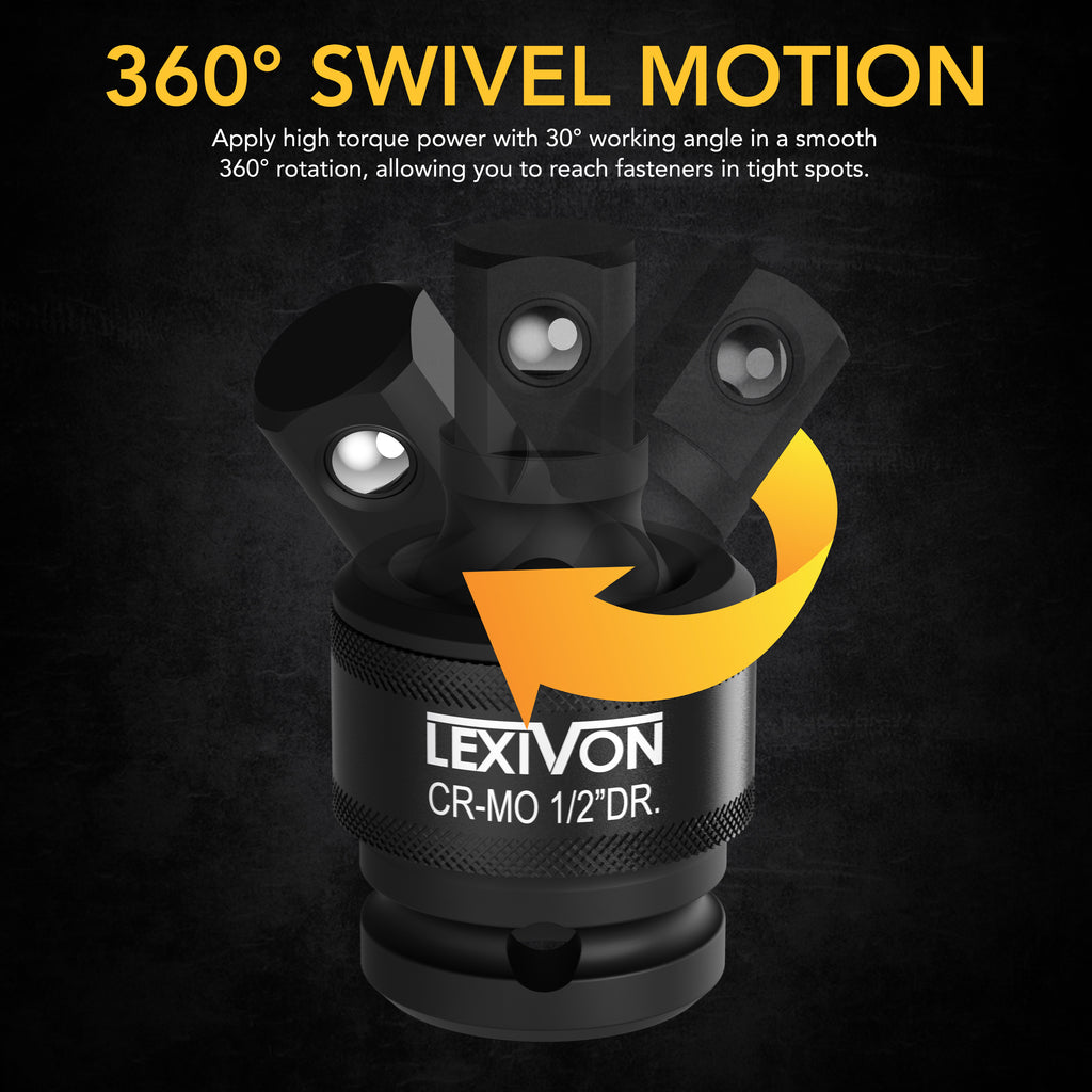 LEXIVON Premium Impact Universal Joint Socket Swivel Set | 3-Piece Ball Spring Design 1/2", 3/8", and 1/4" U-Joint Drive | Cr-Mo Steel - Full Impact Grade (LX-113)
