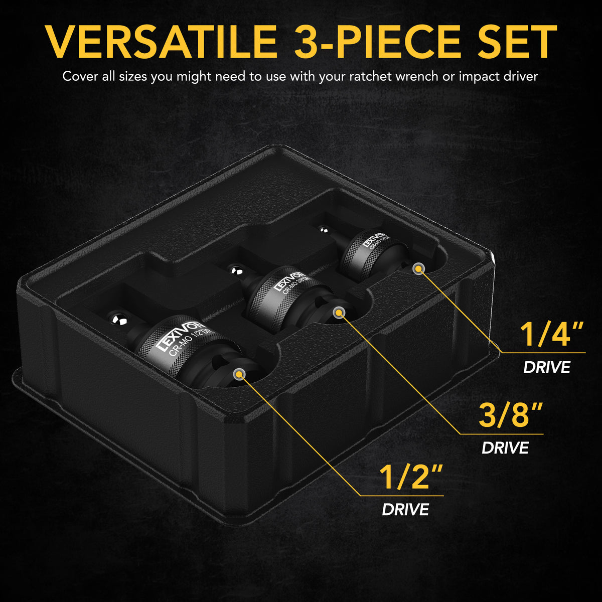LEXIVON Premium Impact Universal Joint Socket Swivel Set | 3-Piece Ball Spring Design 1/2", 3/8", and 1/4" U-Joint Drive | Cr-Mo Steel - Full Impact Grade (LX-113)
