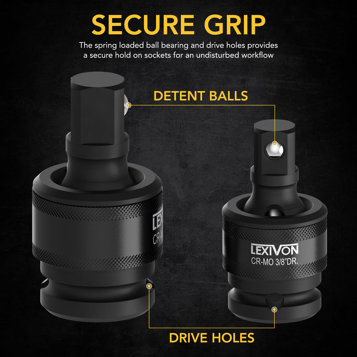 LEXIVON Premium Impact Universal Joint Socket Swivel Set | 3-Piece Ball Spring Design 1/2", 3/8", and 1/4" U-Joint Drive | Cr-Mo Steel - Full Impact Grade (LX-113)