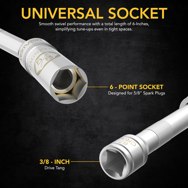 5/8" Swivel Magnetic Spark Plug Socket, 3/8" Drive x 6" Total Length | Enhanced Magnetic Design With Thin Wall Socket, Cr-v Steel (LX-121)