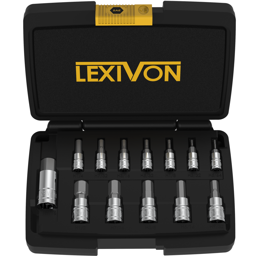 HEX Bit Socket Set, Premium S2 Alloy Steel | 13-Piece SAE 5/64" - 9/16" Set | Enhanced Storage Case (LX-142)