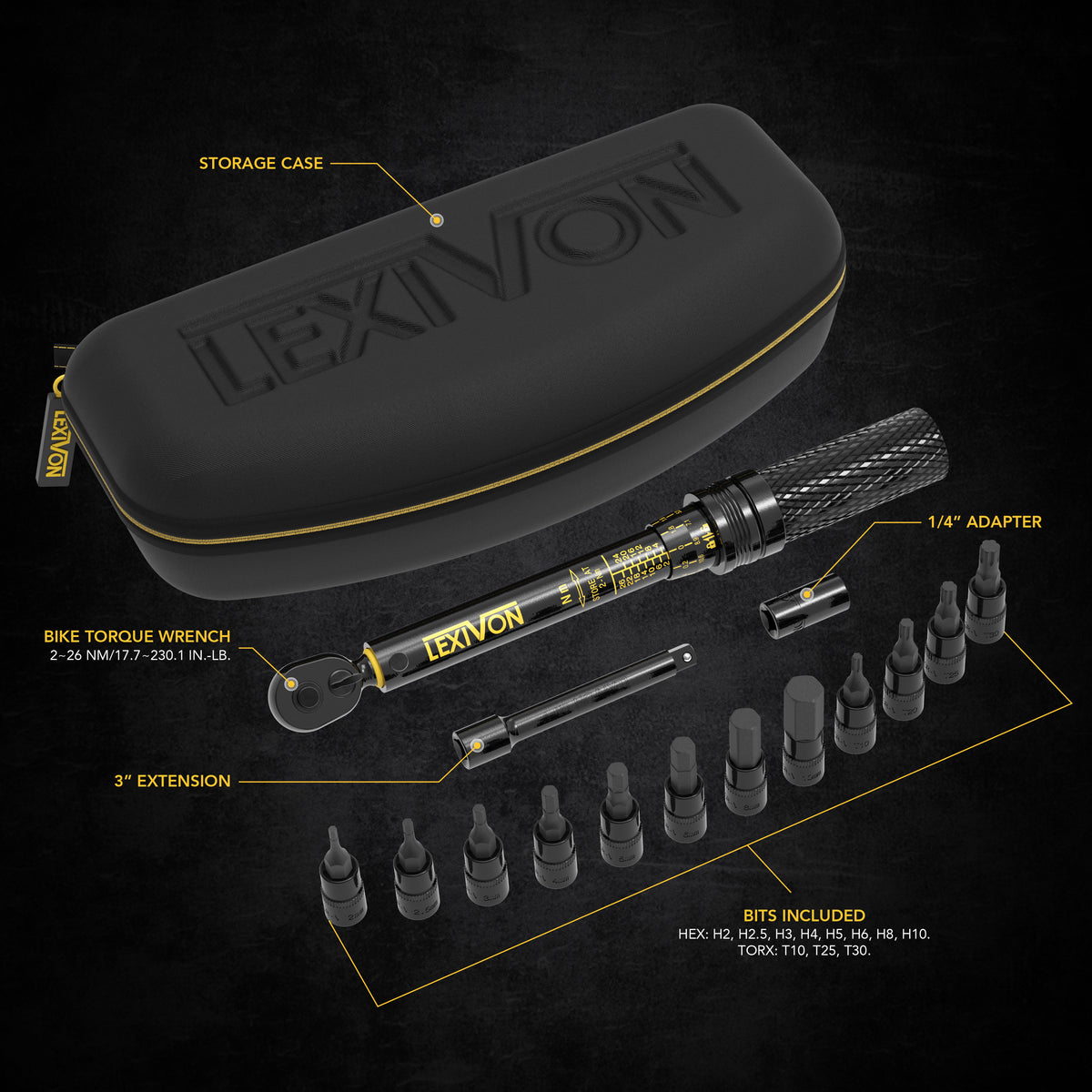 Bike Torque Wrench 1/4-Inch Dr. 15-Piece Kit | 72-Tooth Gear, Dual-Direction Click Type 2~26 Nm (17.7~230.1 in-lb) | Portable Maintenance Kit for Road & Mountain Bikes (LX-191)
