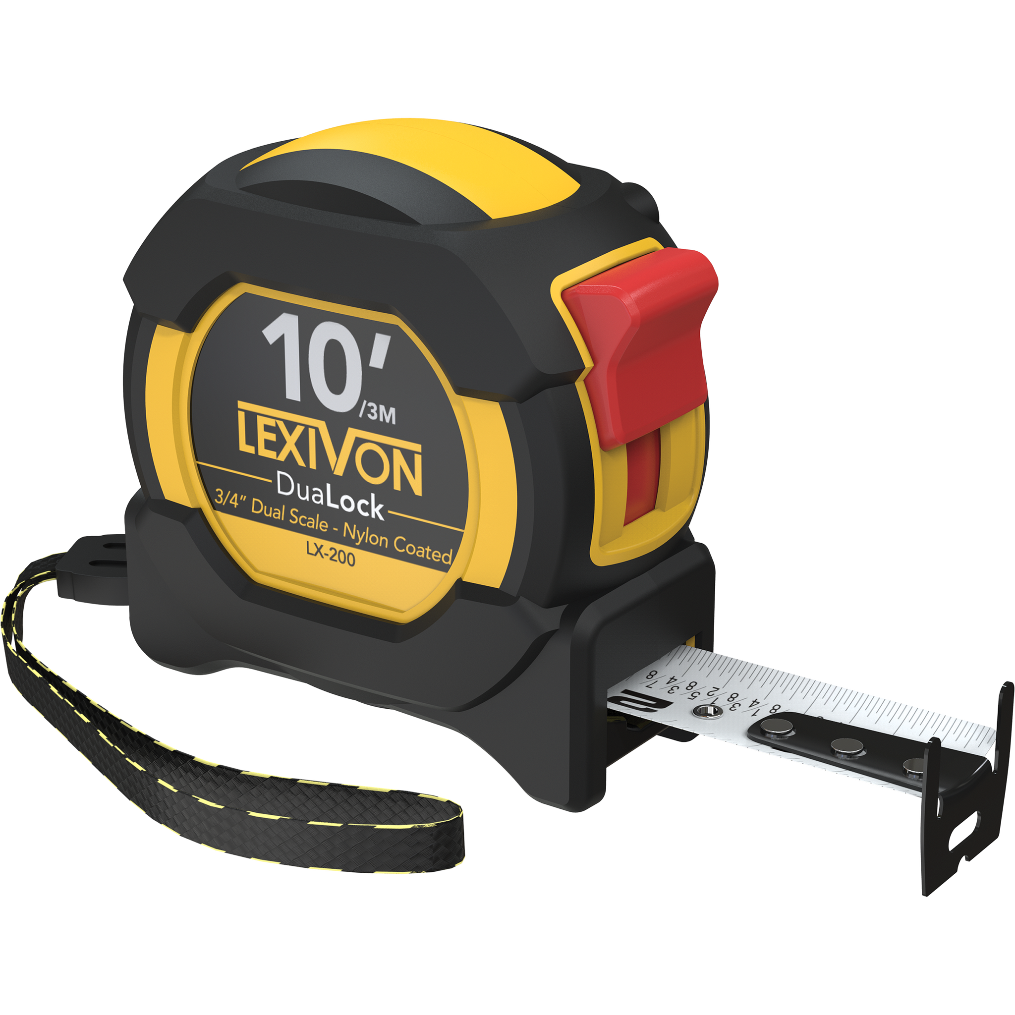 10Ft/3m DuaLock Tape Measure | 3/4-Inch Wide Blade with Nylon Coating, Matte Finish White & Yellow Dual Sided Rule Print | Ft/Inch/Fractions/Metric (LX-200)