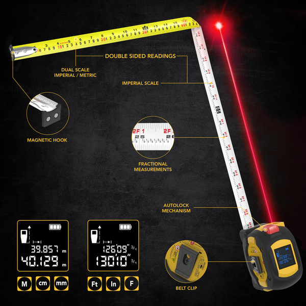 2 in 1 Digital Laser Tape Measure | 130ft/40m Laser Distance Meter Display On Backlit LCD Screen With 16ft/5m AutoLock Measuring Tape | Ft/Inch/Fractions/M/mm(LX-201)