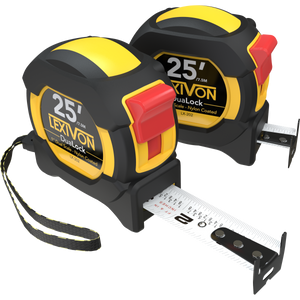 [2-Pack] 25Ft/7.5m DuaLock Tape Measure | 1-Inch Wide Blade With Nylon Coating, Matte Finish White & Yellow Dual Sided Rule Print | Ft/Inch/Fractions/Metric (LX-202)