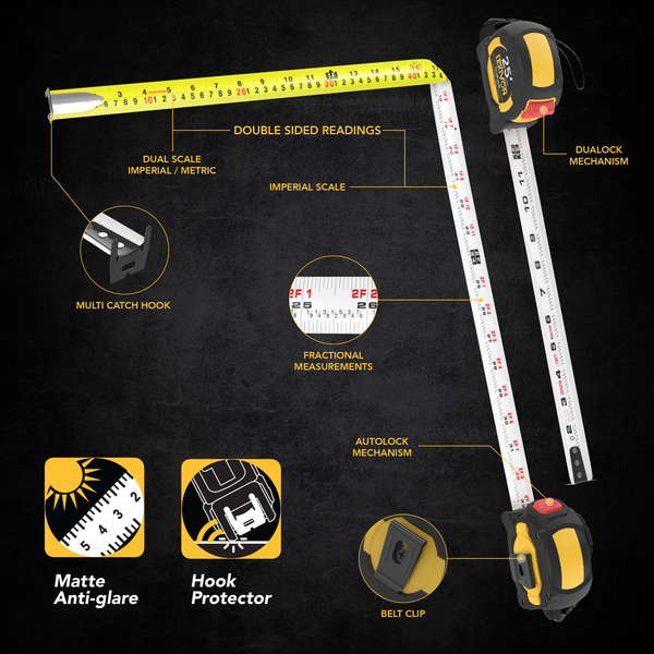 [2-Pack] 25Ft/7.5m Tape Measure, DuaLock & AutoLock | 1-Inch Wide Blade With Nylon Coating, Matte Finish White & Yellow Dual Sided Rule Print | Ft/Inch/Fractions/Metric (LX-204)