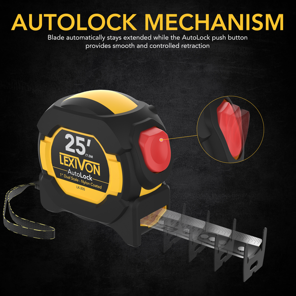 [2-Pack] 25Ft/7.5m AutoLock Tape Measure | 1-Inch Wide Blade With Nylon Coating, Matte Finish White & Yellow Dual Sided Rule Print | Ft/Inch/Fractions/Metric (LX-205X2)