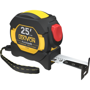 25Ft/7.5m AutoLock Tape Measure | 1-Inch Wide Blade With Nylon Coating, Matte Finish White & Yellow Dual Sided Rule Print | Ft/Inch/Fractions/Metric (LX-205)