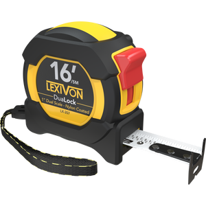 16Ft/5m DuaLock Tape Measure | 1-Inch Wide Blade With Nylon Coating, Matte Finish White & Yellow Dual Sided Rule Print | Ft/Inch/Fractions/Metric (LX-207)