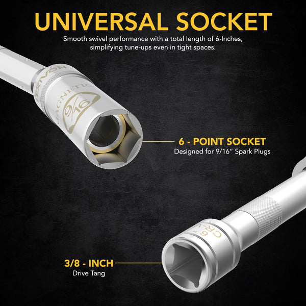 9/16-Inch Spark Plug Swivel Socket, 3/8" Drive x 6" Total Length | Enhanced Magnetic Design With Thin Wall Socket, Cr-v Steel (LX-SSPS9166)