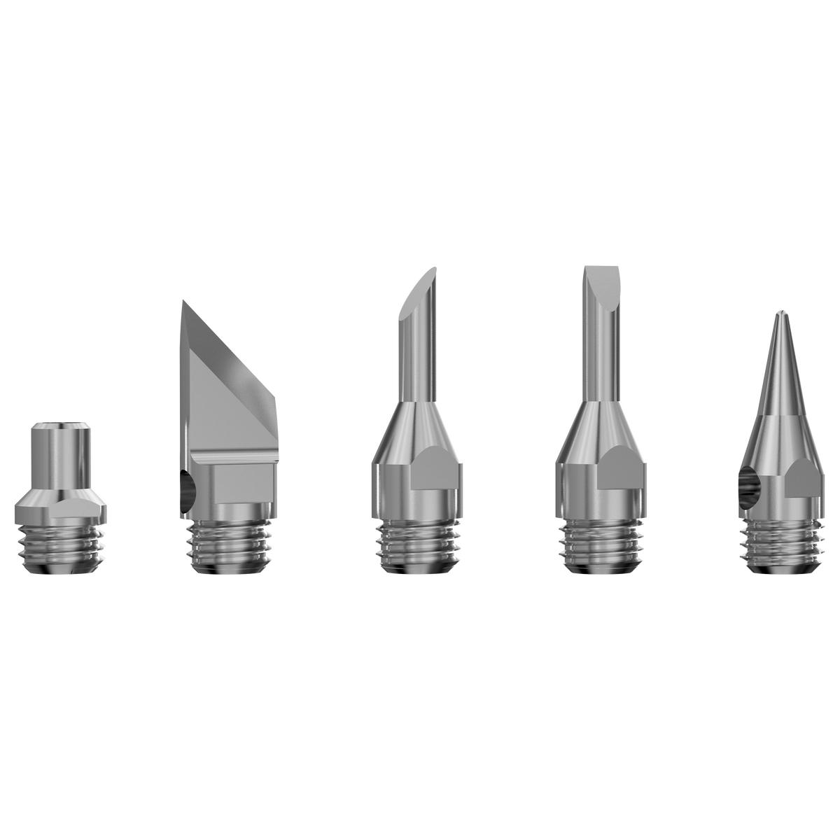 Five LX-TIP-D attachments arranged on a white background