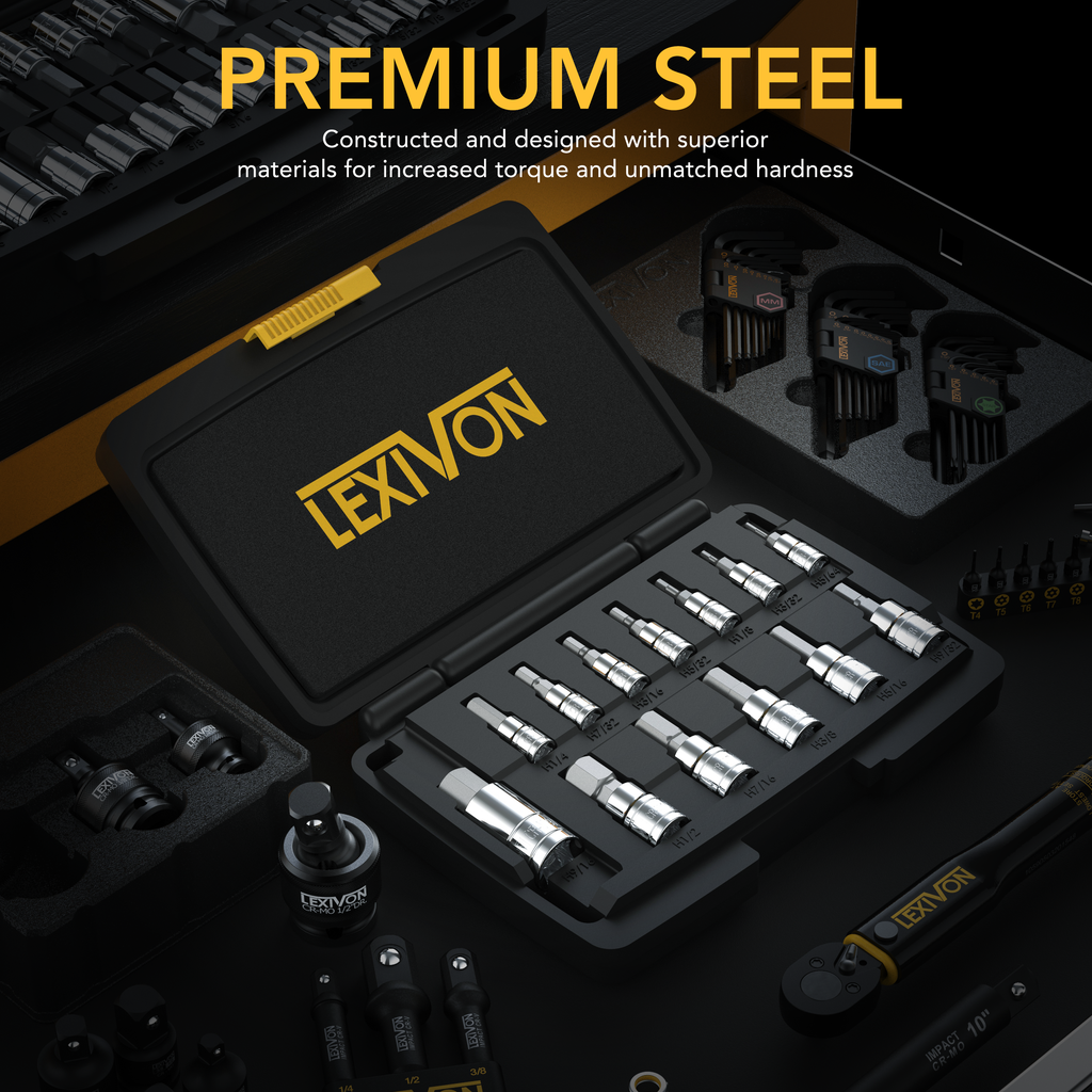 HEX Bit Socket Set, Premium S2 Alloy Steel | 13-Piece SAE 5/64" - 9/16" Set | Enhanced Storage Case (LX-142)