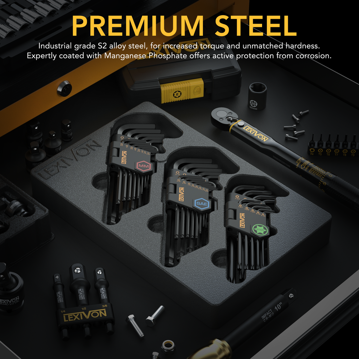LEXIVON Master Wrench Key Set, 35-Piece Long Arm Ball End Hex Keys | 3-Pack Metric/SAE & Star, Industrial Grade S2 Alloy Steel (LX-131)